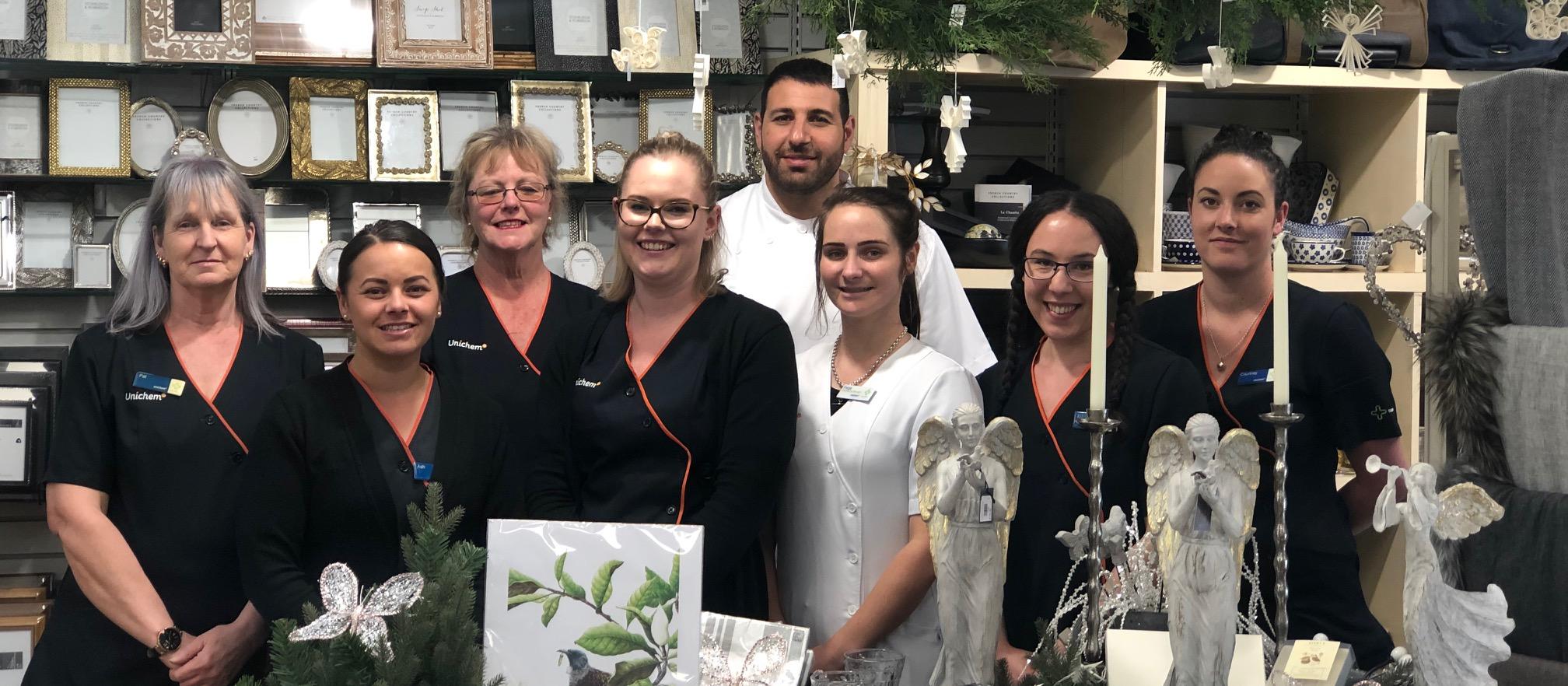 Unichem Taumarunui Pharmacy team, from left, Pat Gilling, Ash Maniapoto, Michele Mitchell, Jennifer Walters, Baraq Al-Tuhafi, Paige Allen, Astrid Pfeffer and Courtney Devlin    