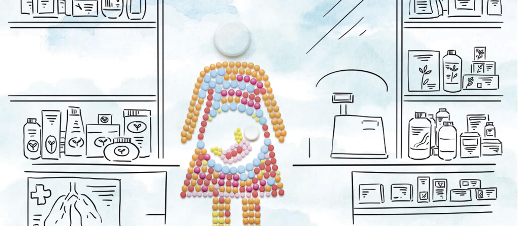 Pregnant woman made out of pills in pharmacy
