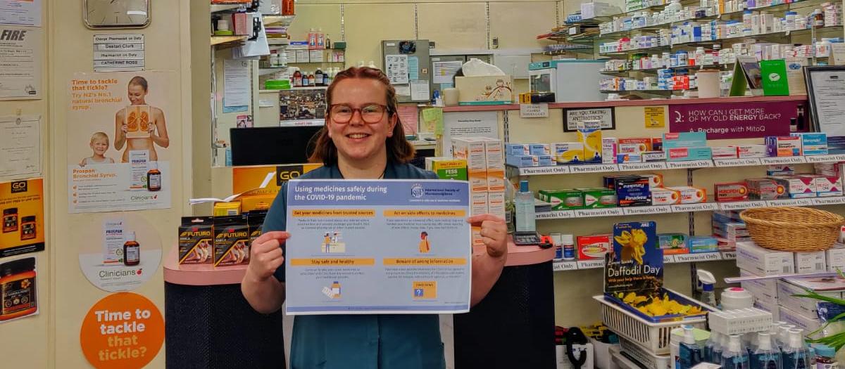 Dunedin City Pharmacy pharmacy assistant Aelyth Harrison with ISoP poster