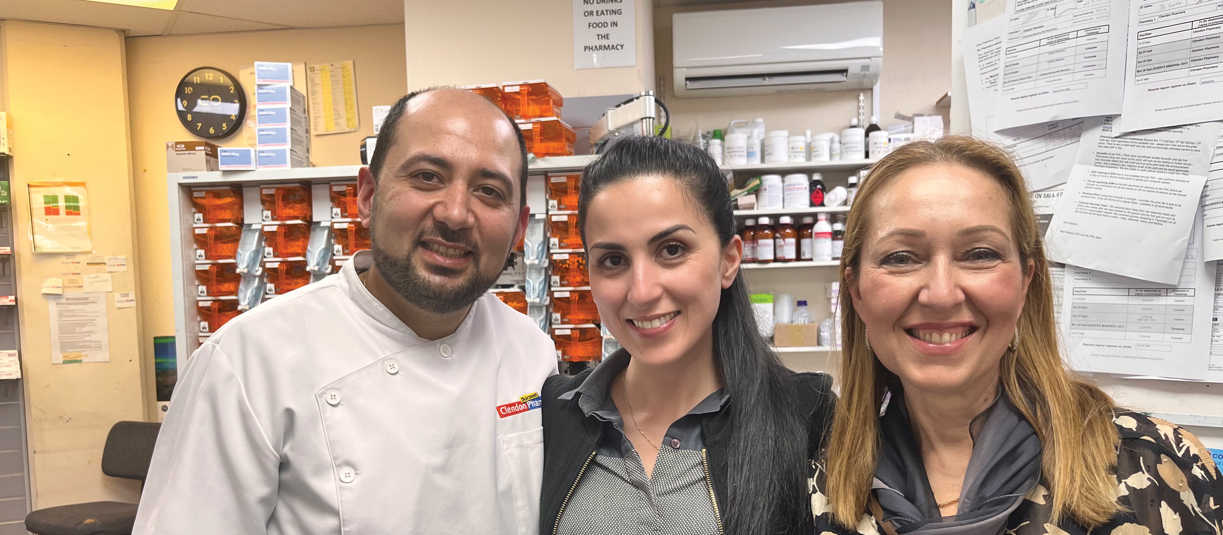 Selwan Farhan with fellow pharmacist owner and wife Shams Al-Muhena with Valentina Missen