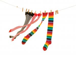 Coloured long socks on washing line