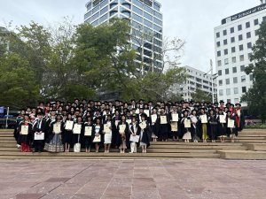 University of Auckland Bachelor of Pharmacy class of 2024 on the steps of Aotea Square, Auckland (CR supplied: Zhishu Lu)